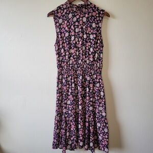 Nanette Lepore Black Pink Purple Floral Smocked Neck Sleeveless Midi Dress Sz 12